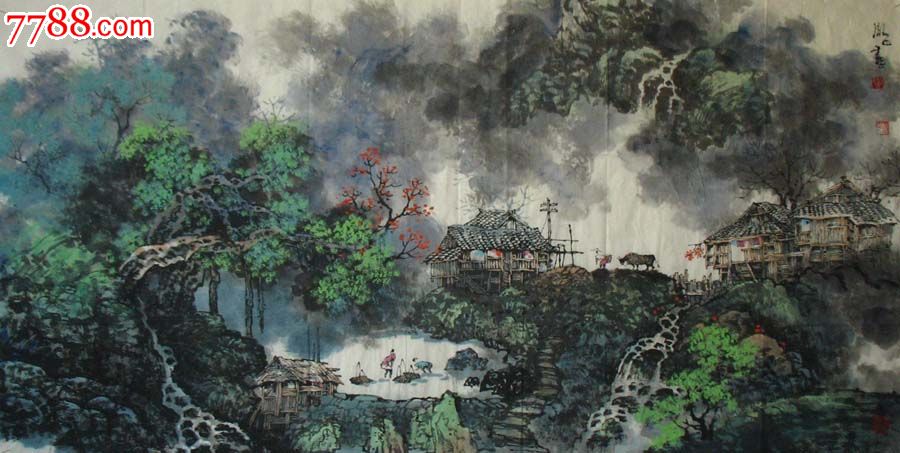 岭南画派彩墨画家谭微中原创水墨山水值得收藏1774