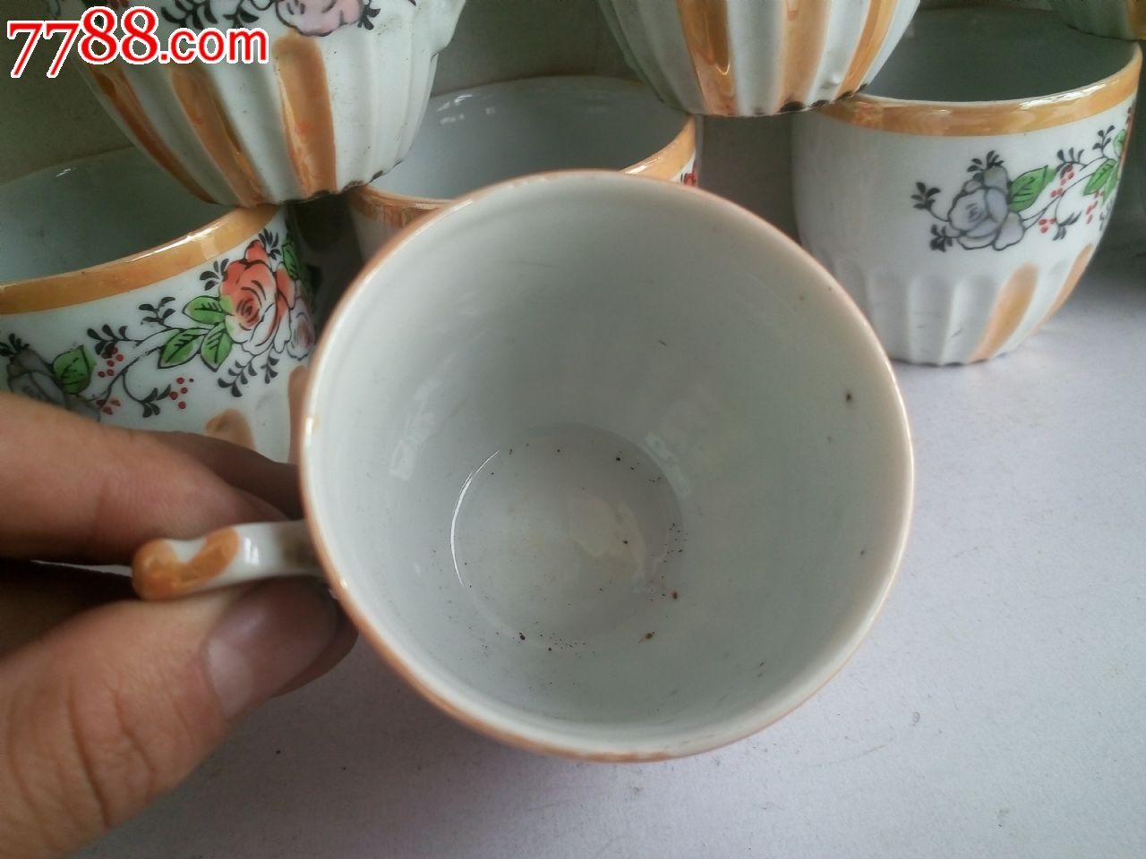 民国手绘描金花卉老茶杯酒杯一套9个完好咖啡杯茶艺瓷器摆件包老