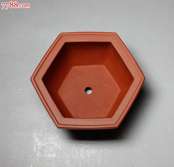 张译强手制友山刻绘红清水泥六方盆宜兴紫砂
