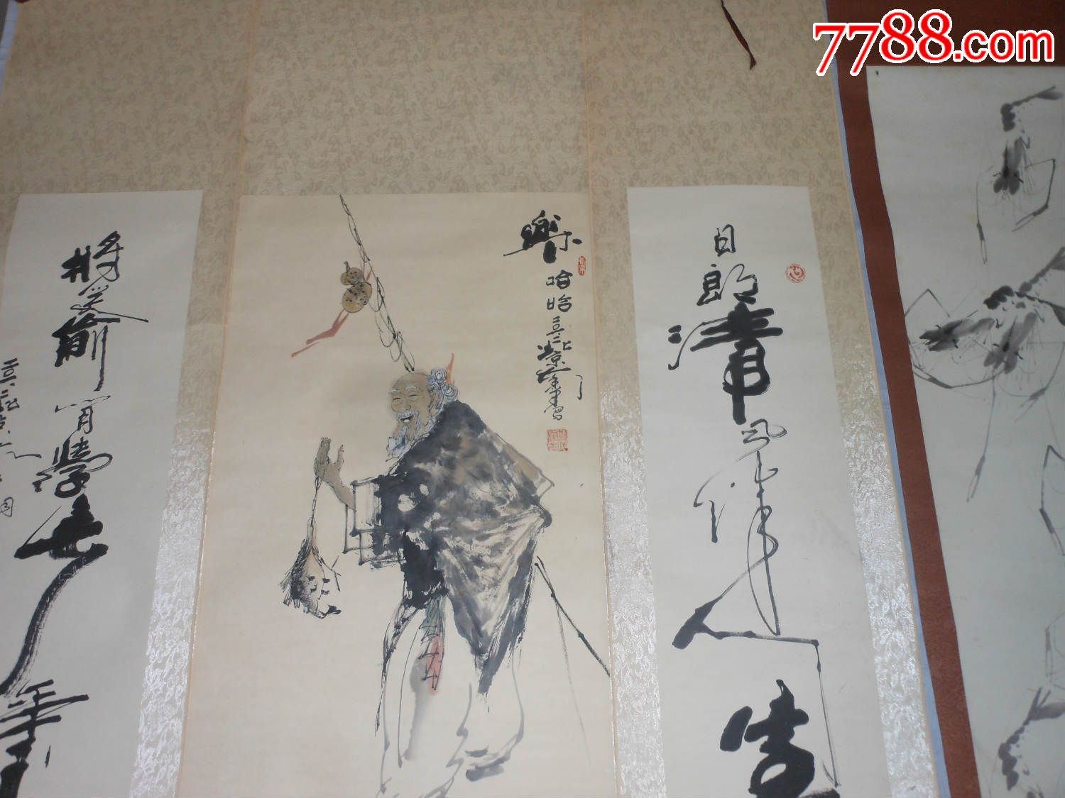 著名国画大家胡俊峰作品;中堂"乐哈哈"对联;日郎清风伴人生,将孝偷闲