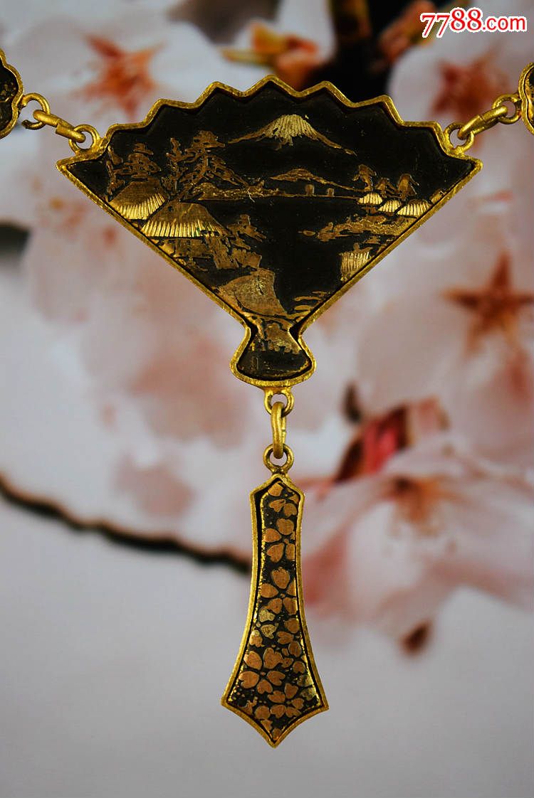 日本古董收藏品手工艺品铜错金项链耳夹一对古代京都纹饰精美