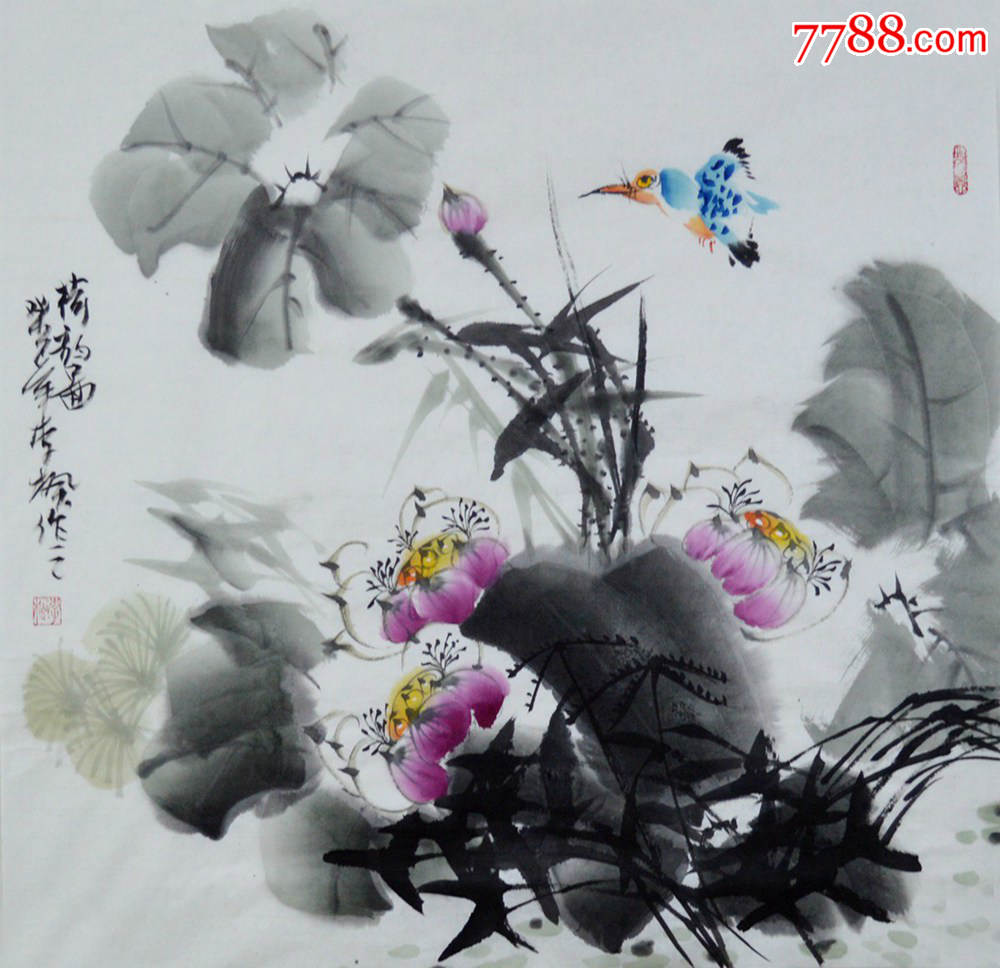 四尺斗方国画写意花鸟画《荷韵图》hn1672